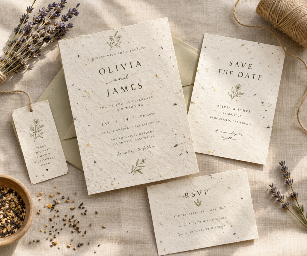 A premium flat-lay showcase of Earthy Papers plantable seed paper wedding invitation suite for Olivia and James, featuring textured biodegradable paper embedded with wildflower seeds, an RSVP card, a Save the Date note, and raw twine accents on a linen background.