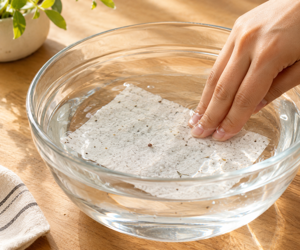 A close-up photograph of a textured white seed paper card submerged in a clear glass bowl of water, with a hand gently pressing it down to soak.