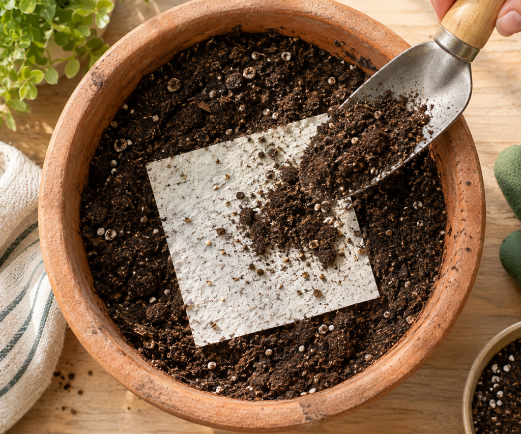 A top-down photograph showing a sheet of textured seed paper laid flat on potting soil inside a terracotta pot while a metal garden trowel gently sprinkles a thin layer of dirt over it.
