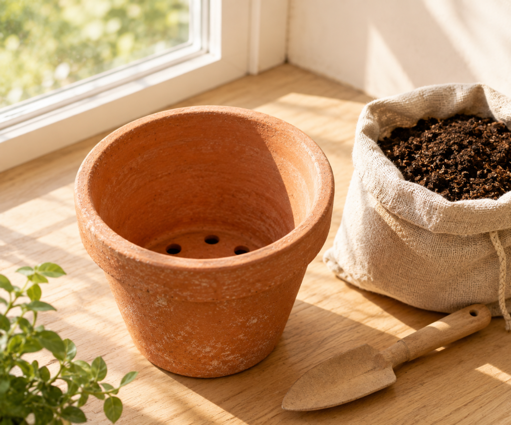 An empty terracotta gardening pot with visible drainage holes sitting on a bright wooden surface next to a linen sack filled with organic potting soil and a wooden trowel.