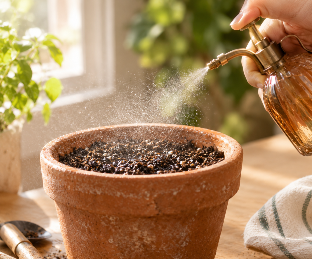 A close-up photograph of an amber glass spray bottle misting a fine spray of water droplets onto the dark soil of a terracotta plant pot in warm, bright sunlight.
