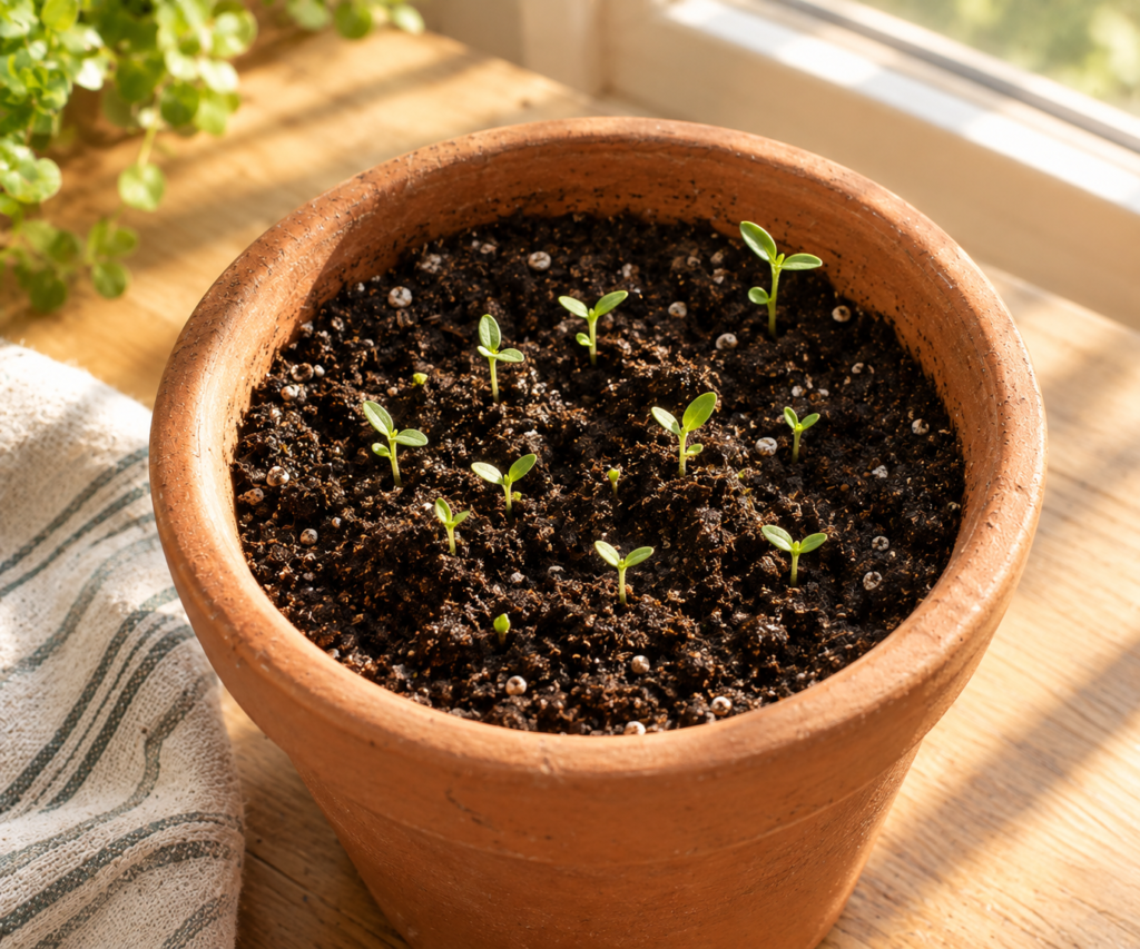 Delicate green wildflower sprouts growing from damp dark soil inside a terracotta pot placed on a sunny wooden surface near a window.