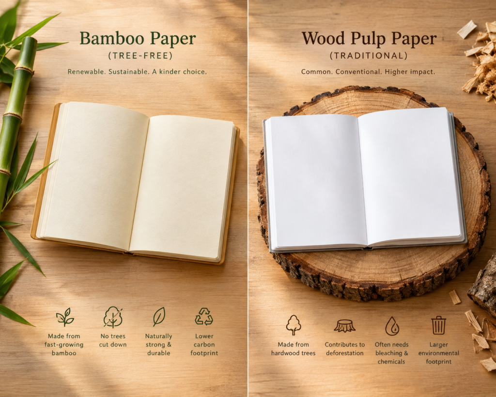 An informational infographic split screen comparing tree-free Bamboo Paper with traditional Wood Pulp Paper. On the left, a textured cream bamboo notebook sits next to fresh bamboo stalks with icons for rapid renewal and zero deforestation. On the right, a bleached white tree-pulp notebook rests on a wood log section with icons indicating deforestation and a larger environmental footprint.