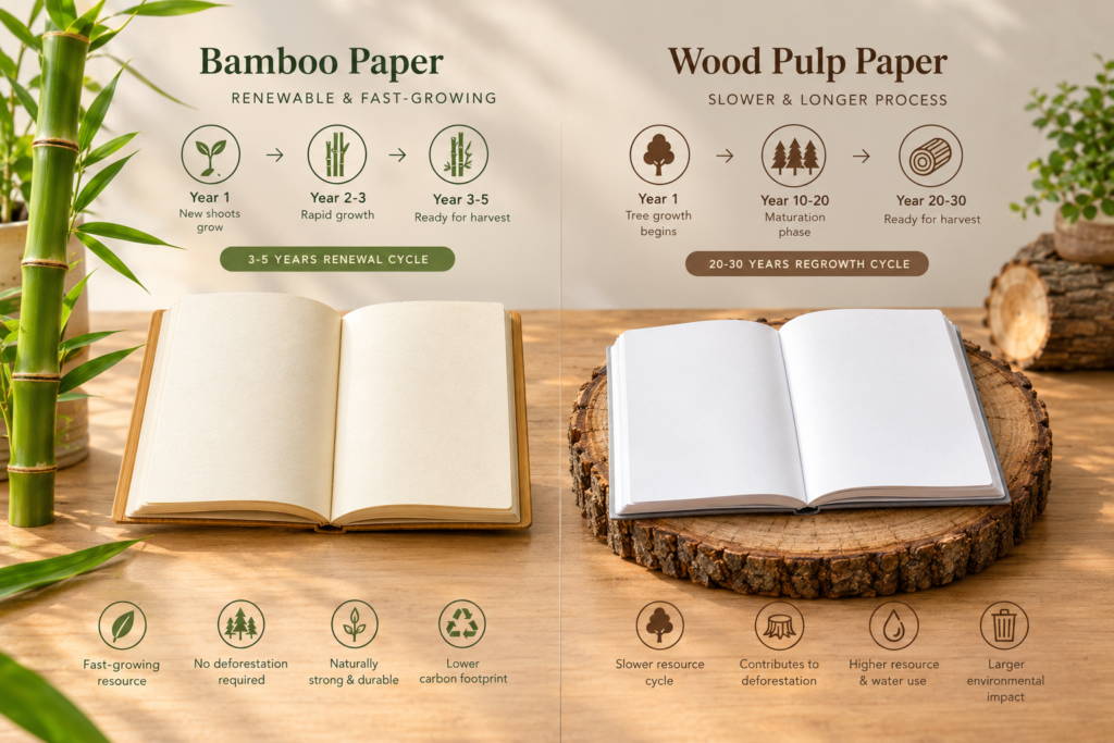 An educational material science infographic comparing the growth cycles of Bamboo Paper and Wood Pulp Paper. The left side highlights a 3-5 year renewal cycle for bamboo from new shoots to ready harvest next to an open cream-colored notebook. The right side contrasts this with a 20-30 year tree regrowth cycle over a white notebook resting on a log slice, complete with comparative sustainability icons at the bottom.