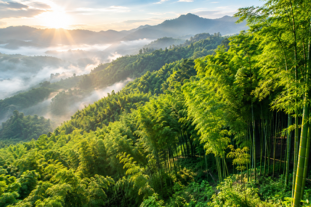 An aerial, wide-angle landscape photograph of a dense, lush green bamboo forest growing up a misty mountainside during a vibrant sunrise, showcasing a thriving natural ecosystem for sustainable bamboo pulp sourcing.